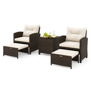 5 Pieces Patio Rattan Furniture with 2 Ottomans and Tempered Glass Coffee Table-Off White
