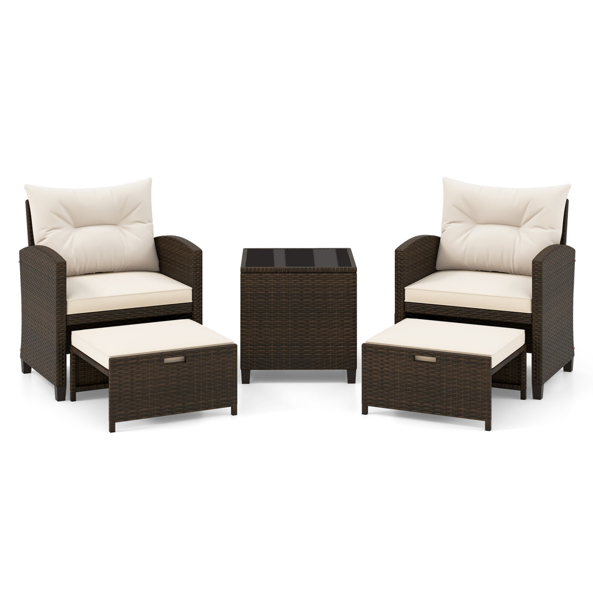 5 Pieces Patio Rattan Furniture with 2 Ottomans and Tempered Glass Coffee Table-Off White