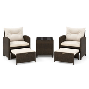 5 Pieces Patio Rattan Furniture with 2 Ottomans and Tempered Glass Coffee Table-Off White