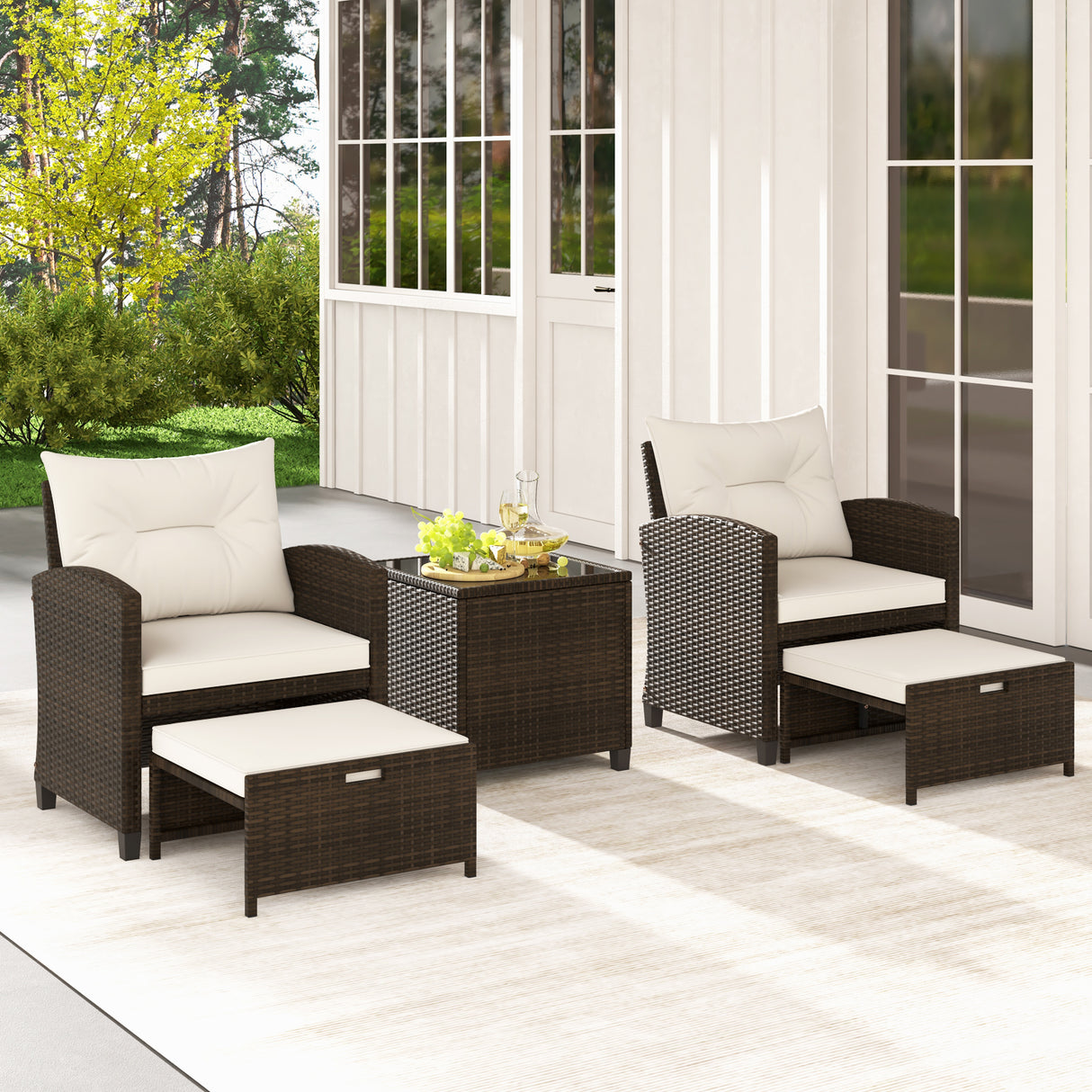 5 Pieces Patio Rattan Furniture with 2 Ottomans and Tempered Glass Coffee Table-Off White