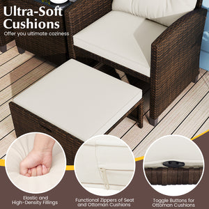 5 Pieces Patio Rattan Furniture with 2 Ottomans and Tempered Glass Coffee Table-Off White