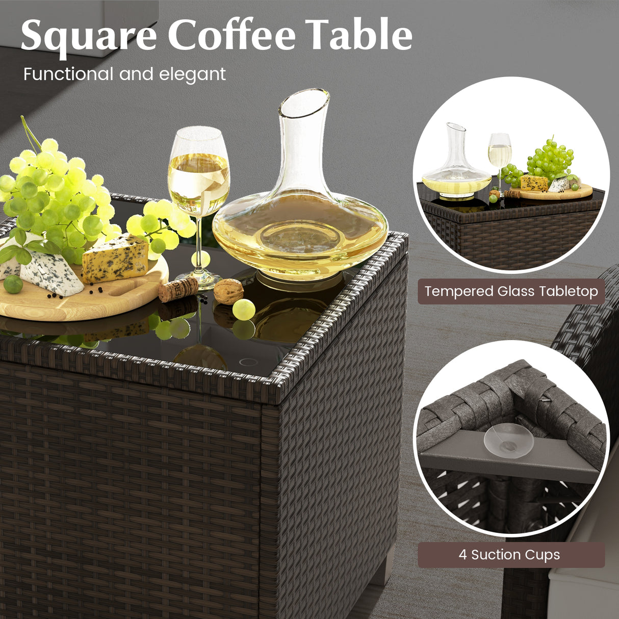 5 Pieces Patio Rattan Furniture with 2 Ottomans and Tempered Glass Coffee Table-Off White