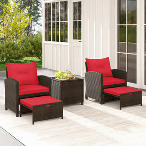 5 Pieces Patio Rattan Furniture with 2 Ottomans and Tempered Glass Coffee Table-Red