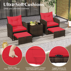 5 Pieces Patio Rattan Furniture with 2 Ottomans and Tempered Glass Coffee Table-Red