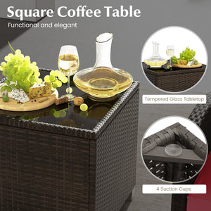 5 Pieces Patio Rattan Furniture with 2 Ottomans and Tempered Glass Coffee Table-Red