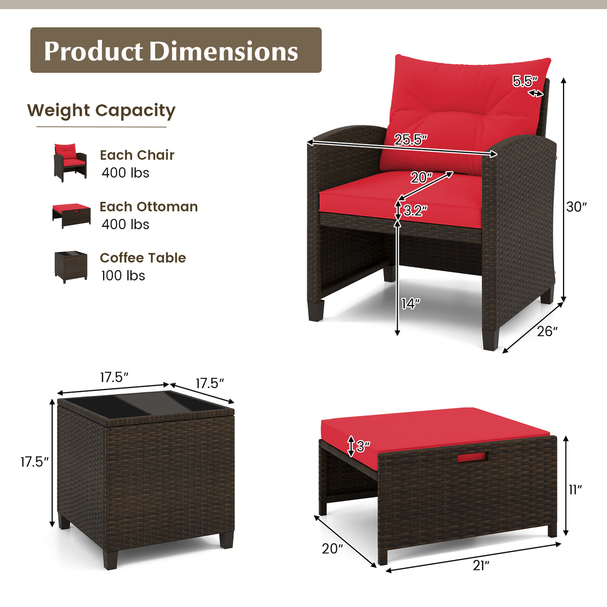 5 Pieces Patio Rattan Furniture with 2 Ottomans and Tempered Glass Coffee Table-Red