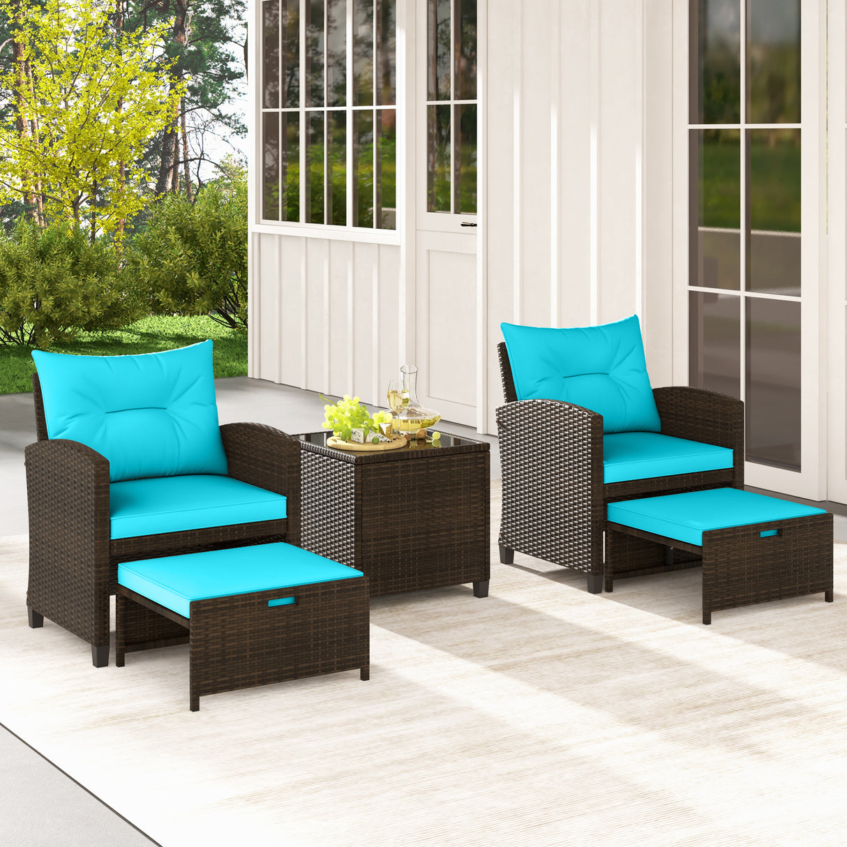 5 Pieces Patio Rattan Furniture with 2 Ottomans and Tempered Glass Coffee Table-Turquoise