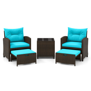 5 Pieces Patio Rattan Furniture with 2 Ottomans and Tempered Glass Coffee Table-Turquoise