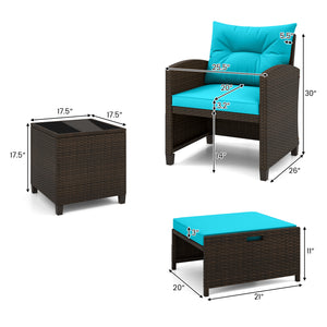 5 Pieces Patio Rattan Furniture with 2 Ottomans and Tempered Glass Coffee Table-Turquoise