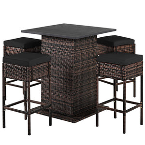 5 Pieces Patio Rattan Bar Furniture Set with Cushions and Hidden Storage Shelf-Black