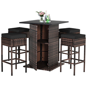 5 Pieces Patio Rattan Bar Furniture Set with Cushions and Hidden Storage Shelf-Black