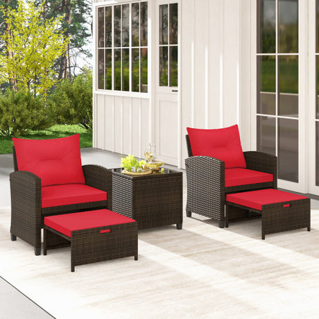 5 Pieces Patio Rattan Furniture with 2 Ottomans and Tempered Glass Coffee Table-Red