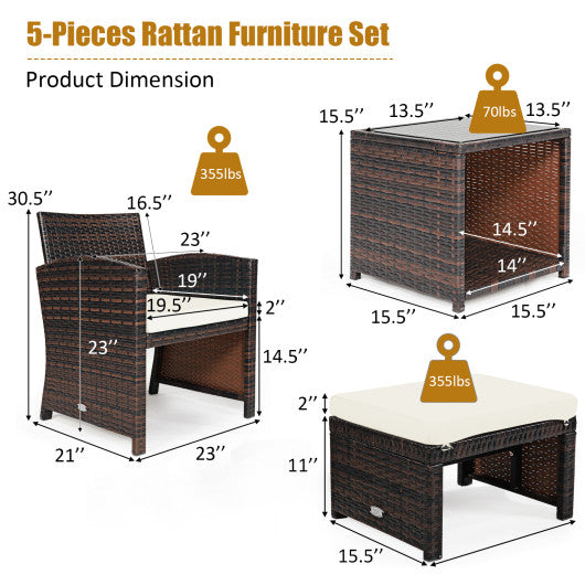 5 Pieces Patio Rattan Furniture Set with Ottoman and Tempered Glass Coffee Table-White