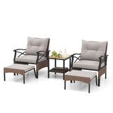 5 Pieces Wicker Patio Furniture Set Ottomans and Cushions and 2-Tier Tempered Glass Side Table-Brown