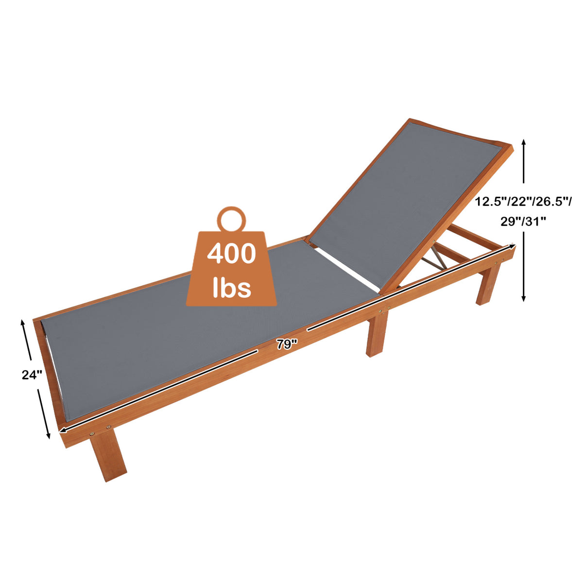 5-Postion Backrest Adjustable Outdoor Wood Chaise Lounge Chair-2