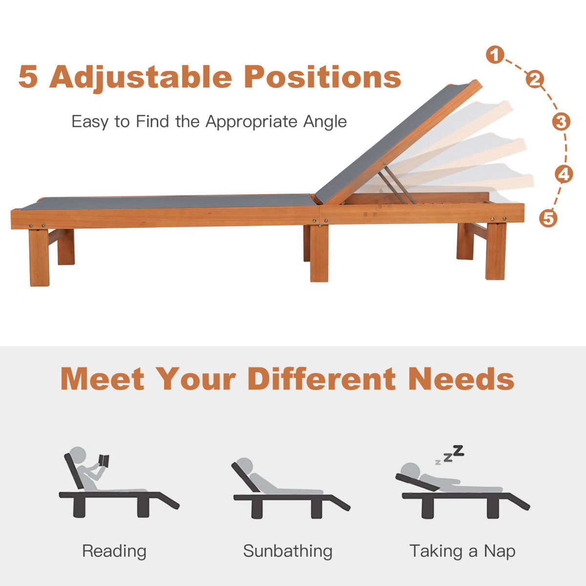 5-Postion Backrest Adjustable Outdoor Wood Chaise Lounge Chair-2