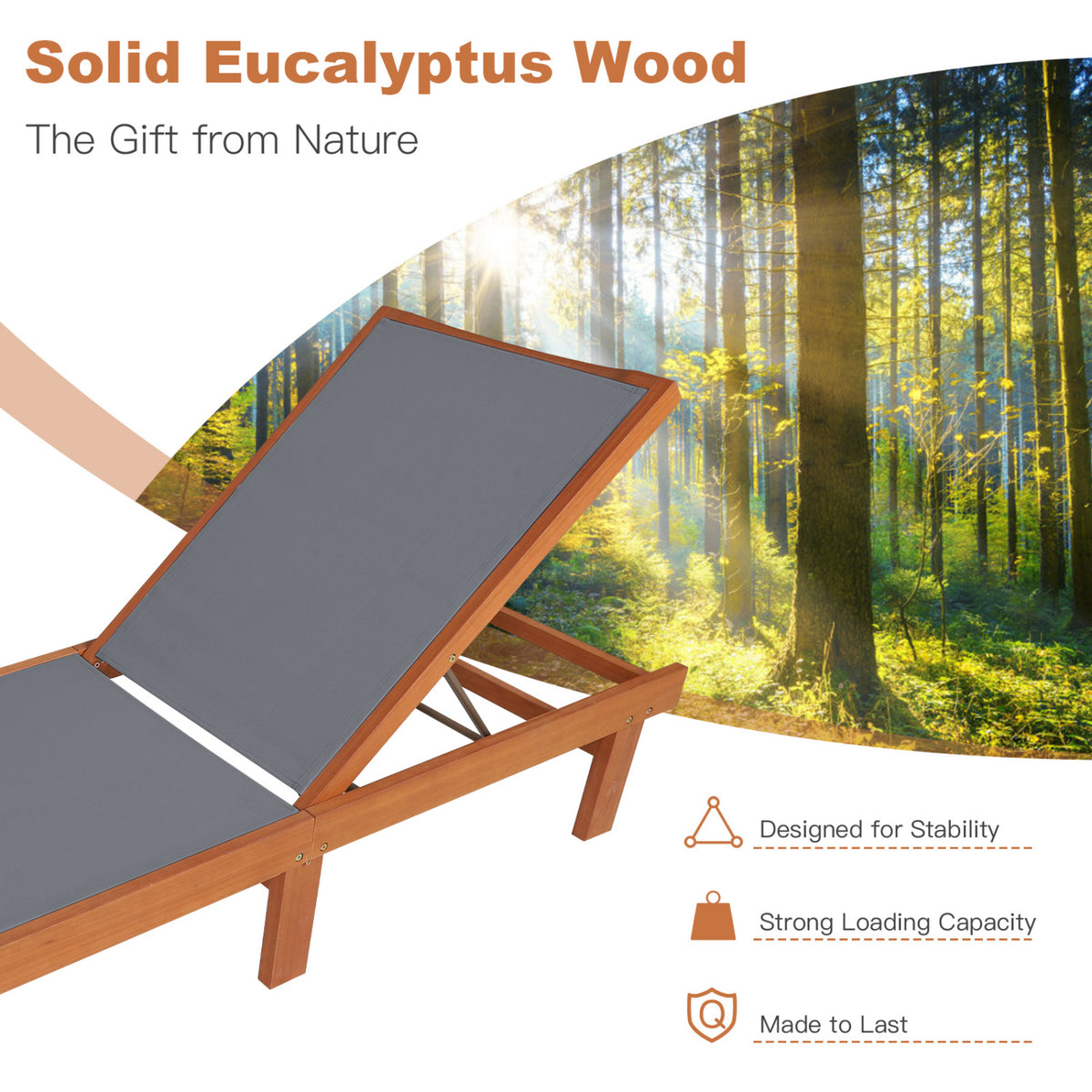 5-Postion Backrest Adjustable Outdoor Wood Chaise Lounge Chair-2