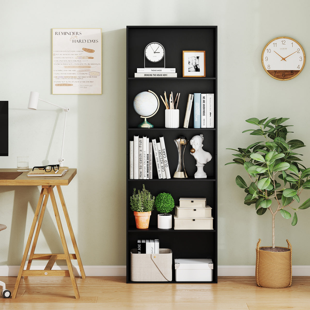 5-Shelf Storage Bookcase Modern Multi-Functional Display Cabinet Furniture-Black