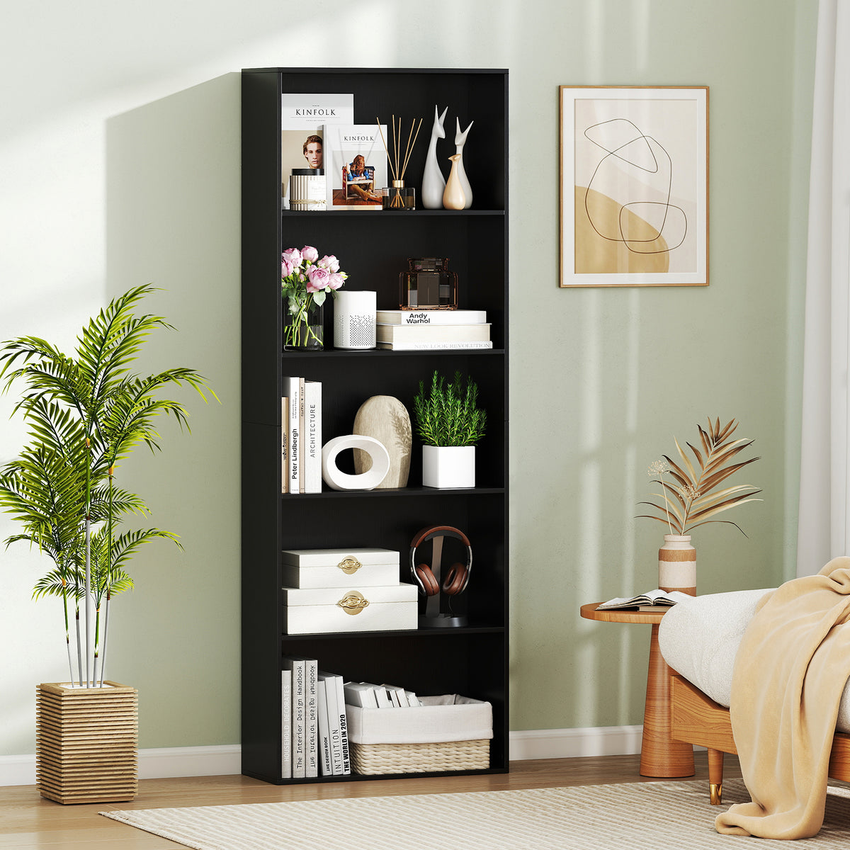 5-Shelf Storage Bookcase Modern Multi-Functional Display Cabinet Furniture-Black