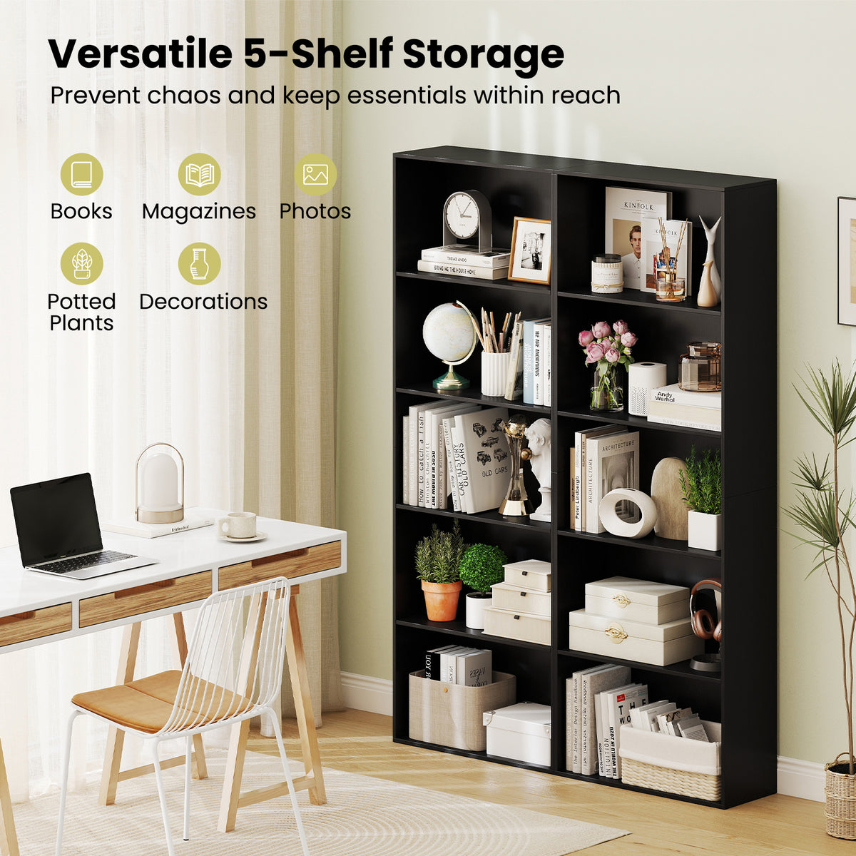 5-Shelf Storage Bookcase Modern Multi-Functional Display Cabinet Furniture-Black