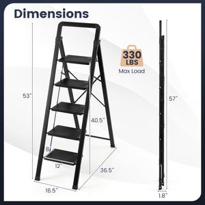 5 Step Black Folding Step Stool with Wide Anti-slip Pedals