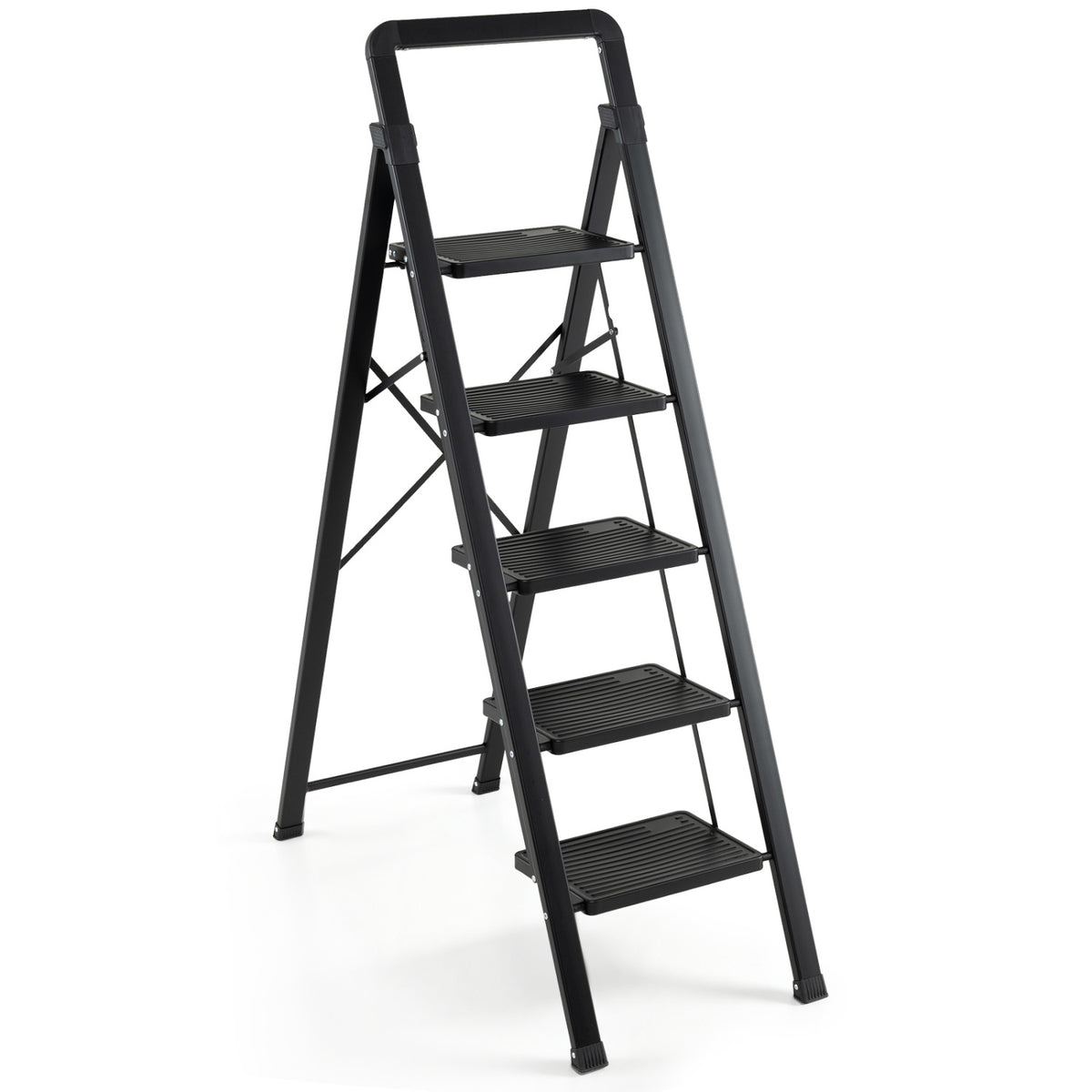 5 Step Black Folding Step Stool with Wide Anti-slip Pedals
