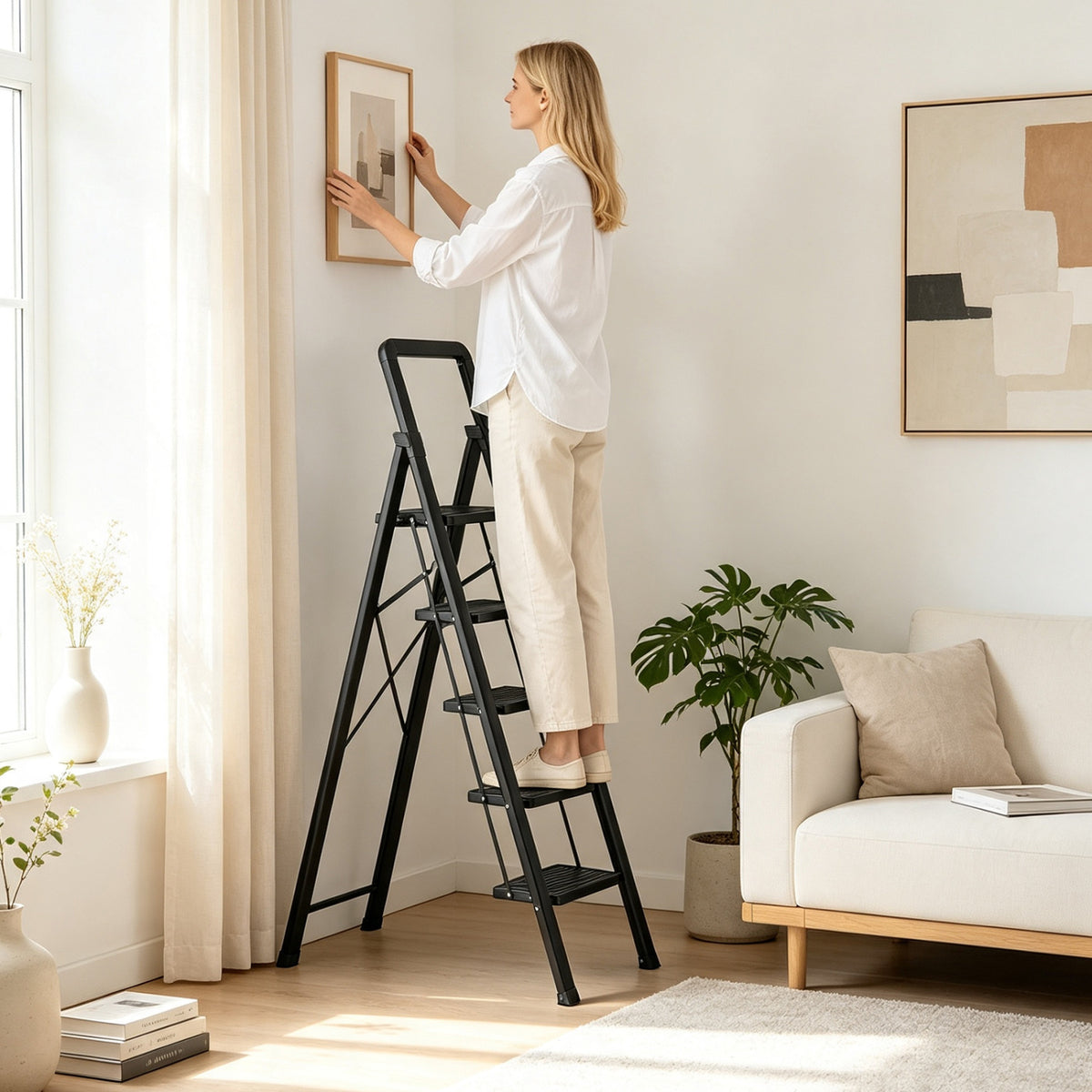 5 Step Black Folding Step Stool with Wide Anti-slip Pedals