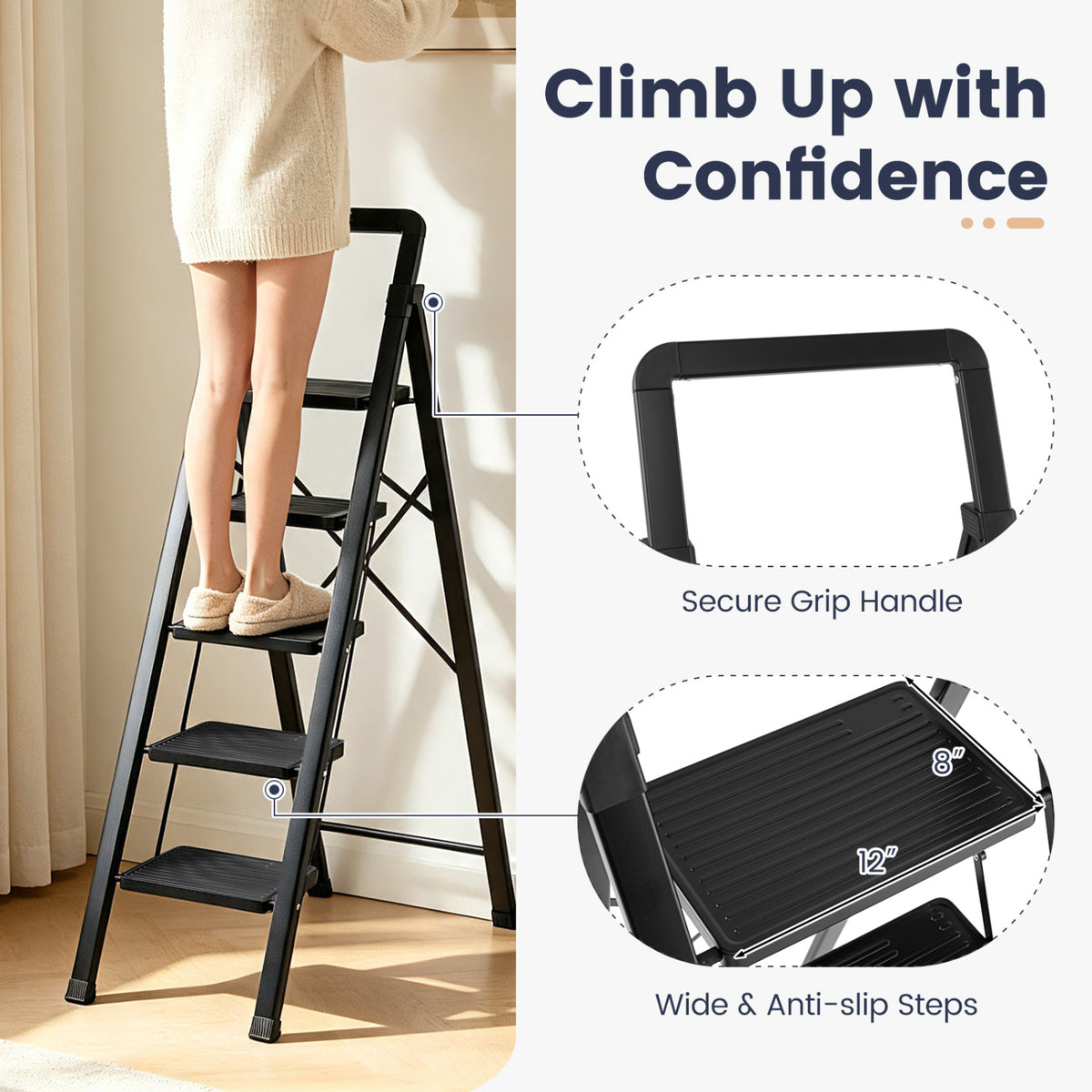 5 Step Black Folding Step Stool with Wide Anti-slip Pedals