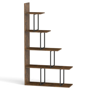 5-Tier 62 Inch Tall Stepped Bookshelf with Heavy Duty Metal Frame-Rustic Brown
