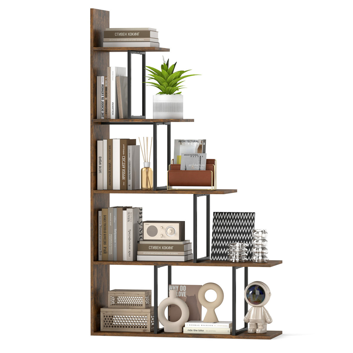 5-Tier 62 Inch Tall Stepped Bookshelf with Heavy Duty Metal Frame-Rustic Brown