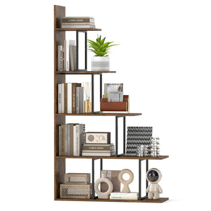 5-Tier 62 Inch Tall Stepped Bookshelf with Heavy Duty Metal Frame-Rustic Brown
