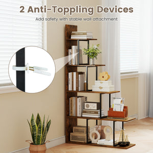 5-Tier 62 Inch Tall Stepped Bookshelf with Heavy Duty Metal Frame-Rustic Brown