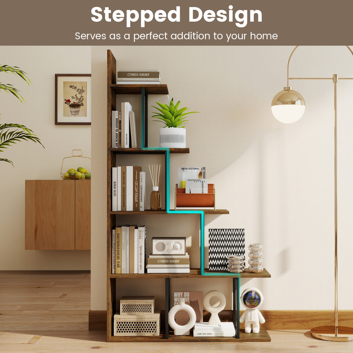 5-Tier 62 Inch Tall Stepped Bookshelf with Heavy Duty Metal Frame-Rustic Brown