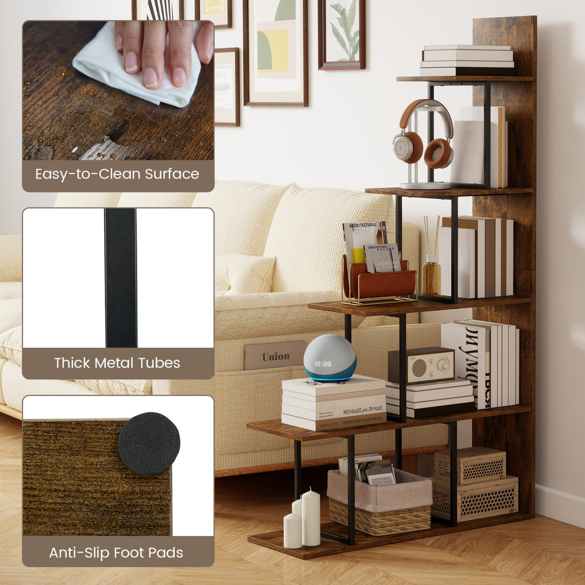 5-Tier 62 Inch Tall Stepped Bookshelf with Heavy Duty Metal Frame-Rustic Brown