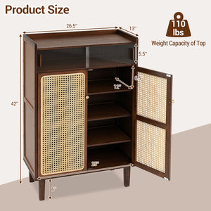 5-Tier Bamboo Shoe Cabinet with Woven Rattan Doors and Sliding Doors for Entryway-Walnut