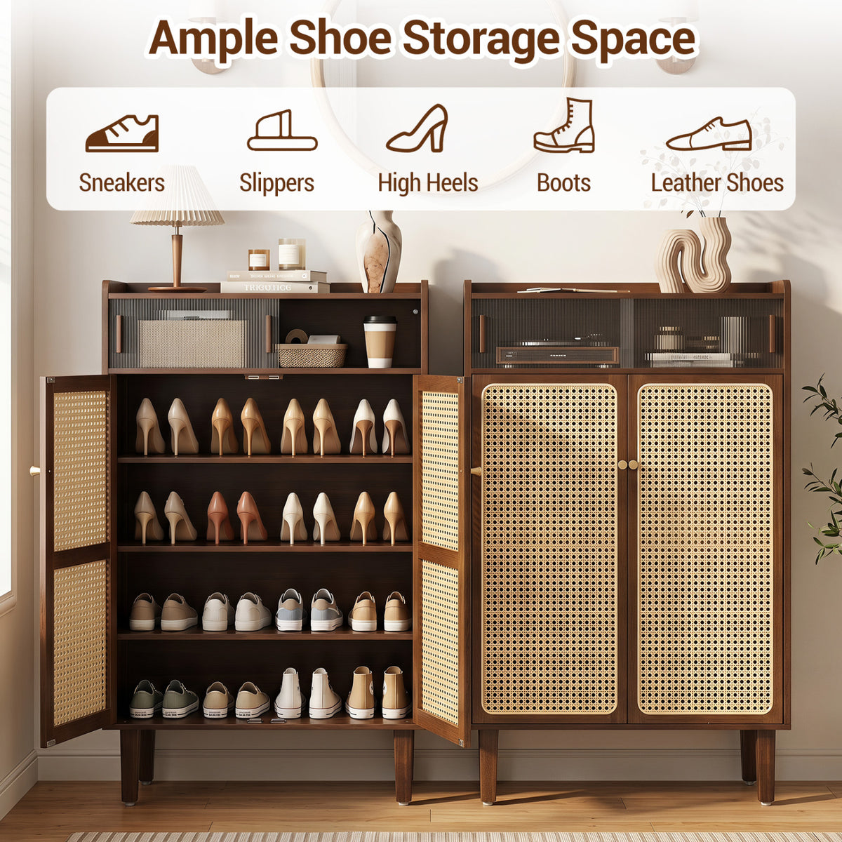 5-Tier Bamboo Shoe Cabinet with Woven Rattan Doors and Sliding Doors for Entryway-Walnut