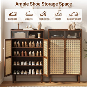 5-Tier Bamboo Shoe Cabinet with Woven Rattan Doors and Sliding Doors for Entryway-Walnut