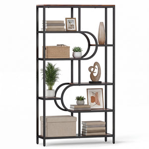 5-Tier Bookshelf Tall Etagere Bookcase with Open Storage Shelves and U Shape-Rustic Brown