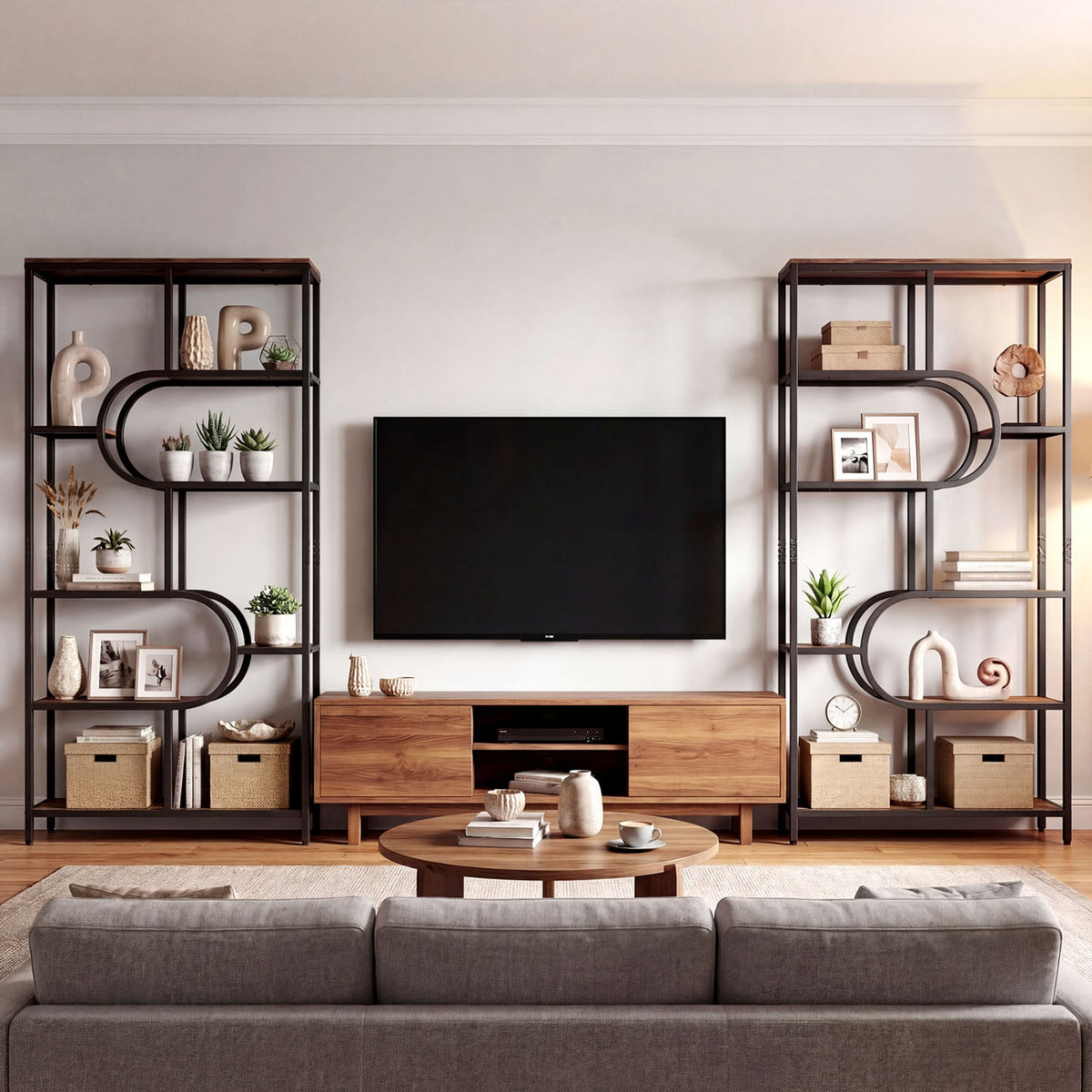 5-Tier Bookshelf Tall Etagere Bookcase with Open Storage Shelves and U Shape-Rustic Brown