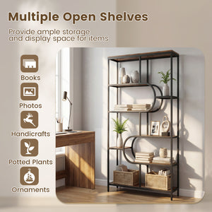 5-Tier Bookshelf Tall Etagere Bookcase with Open Storage Shelves and U Shape-Rustic Brown