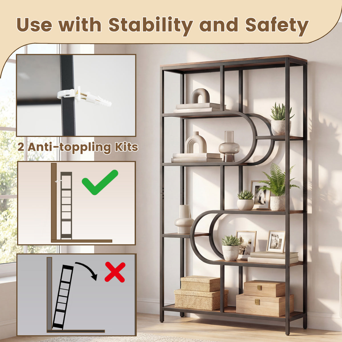 5-Tier Bookshelf Tall Etagere Bookcase with Open Storage Shelves and U Shape-Rustic Brown