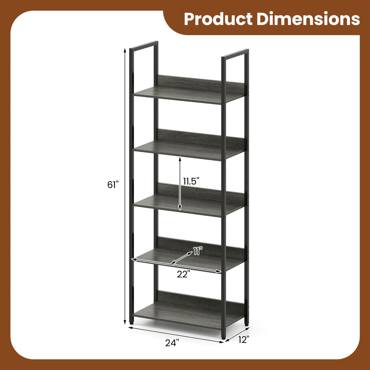 5-Tier Bookshelf Tall Wooden Open Bookcase with Back Panels-Oak