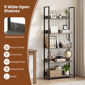 5-Tier Bookshelf Tall Wooden Open Bookcase with Back Panels-Oak