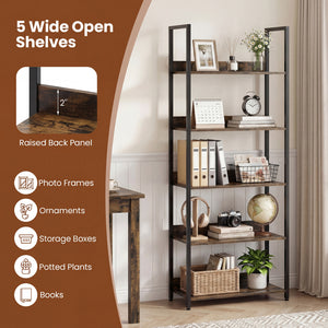 5-Tier Bookshelf Tall Wooden Open Bookcase with Back Panels-Rustic Brown