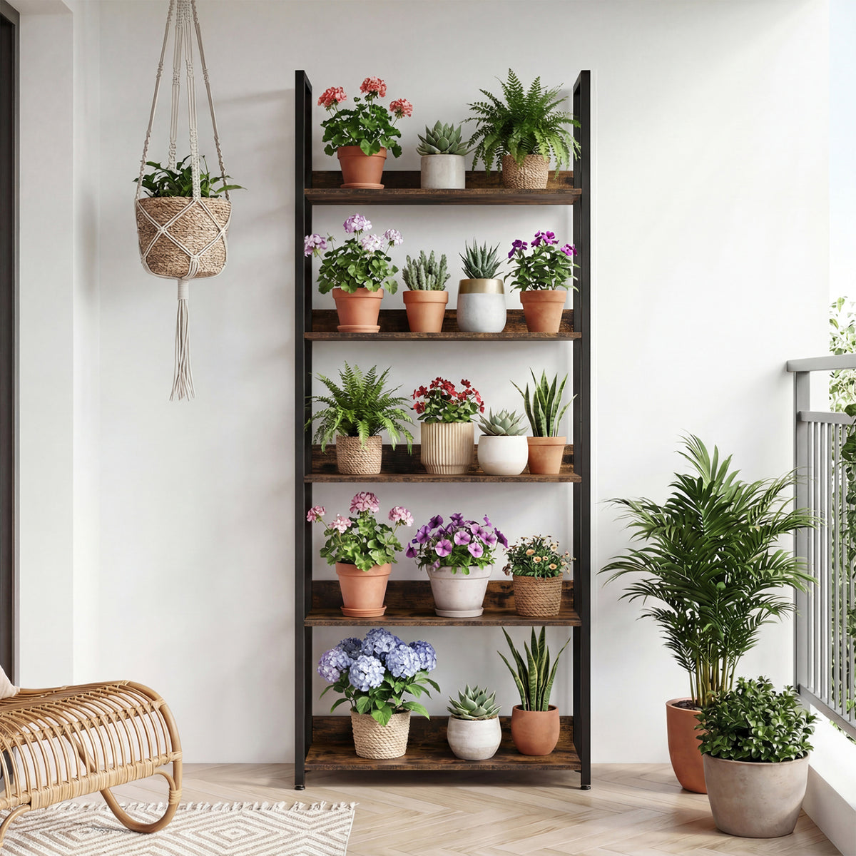 5-Tier Bookshelf Tall Wooden Open Bookcase with Back Panels-Rustic Brown