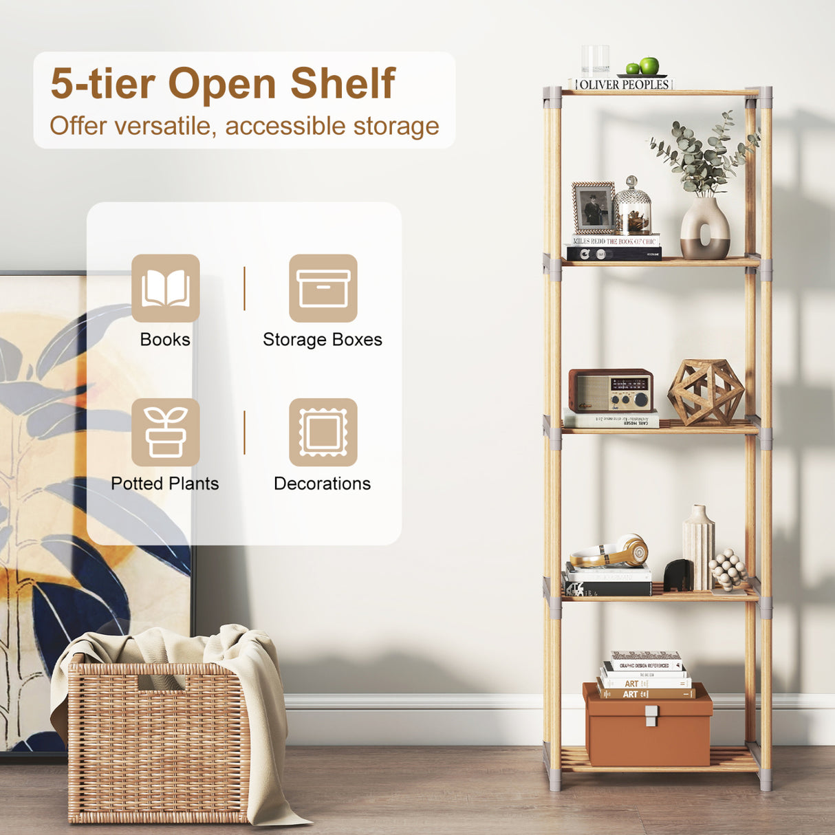 5-Tier Bookshelf with Open Shelves for Home Office and Bathroom-5-Tier