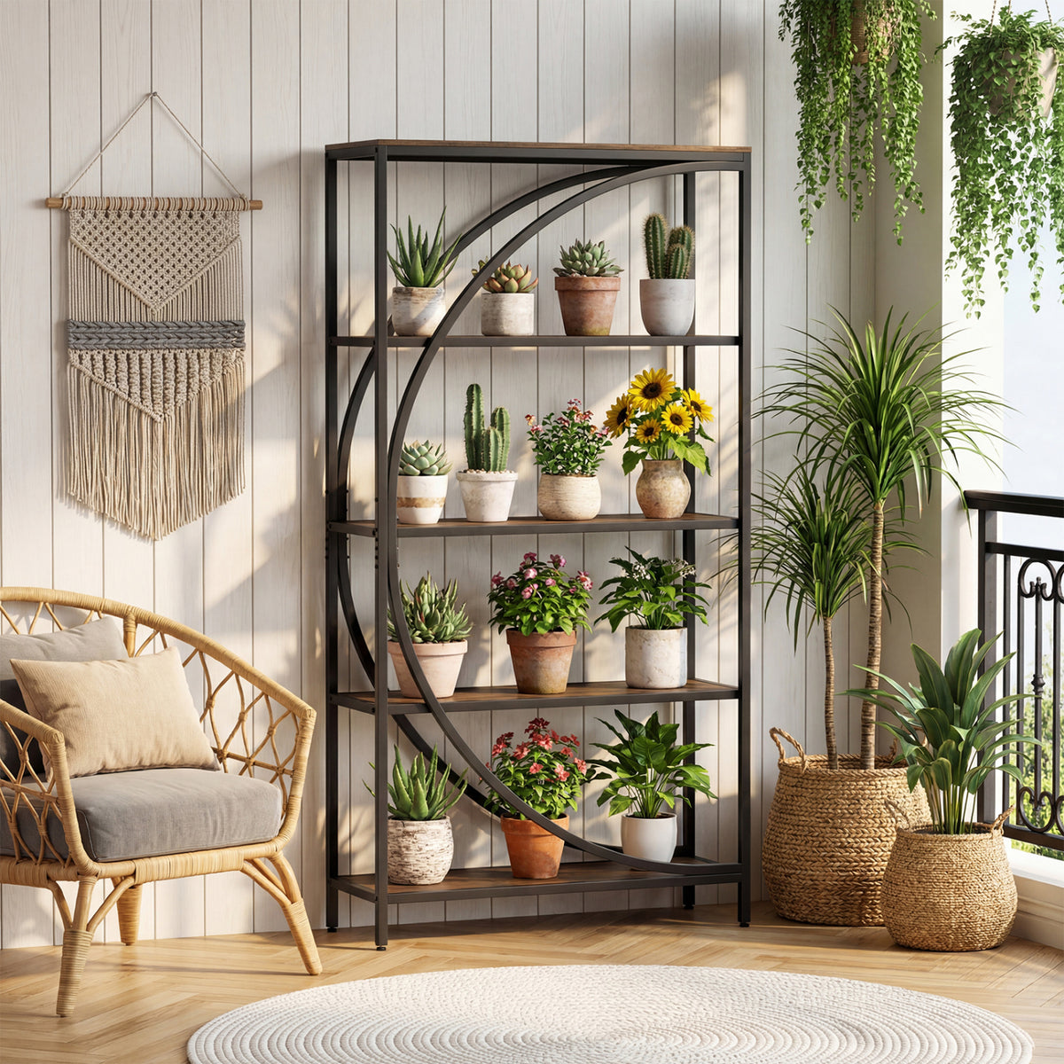 5-Tier Bookshelf with Half-Moon Shape for Living Room and Home Office-Rustic Brown