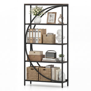 5-Tier Bookshelf with Half-Moon Shape for Living Room and Home Office-Rustic Brown
