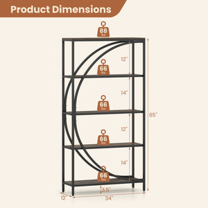 5-Tier Bookshelf with Half-Moon Shape for Living Room and Home Office-Rustic Brown