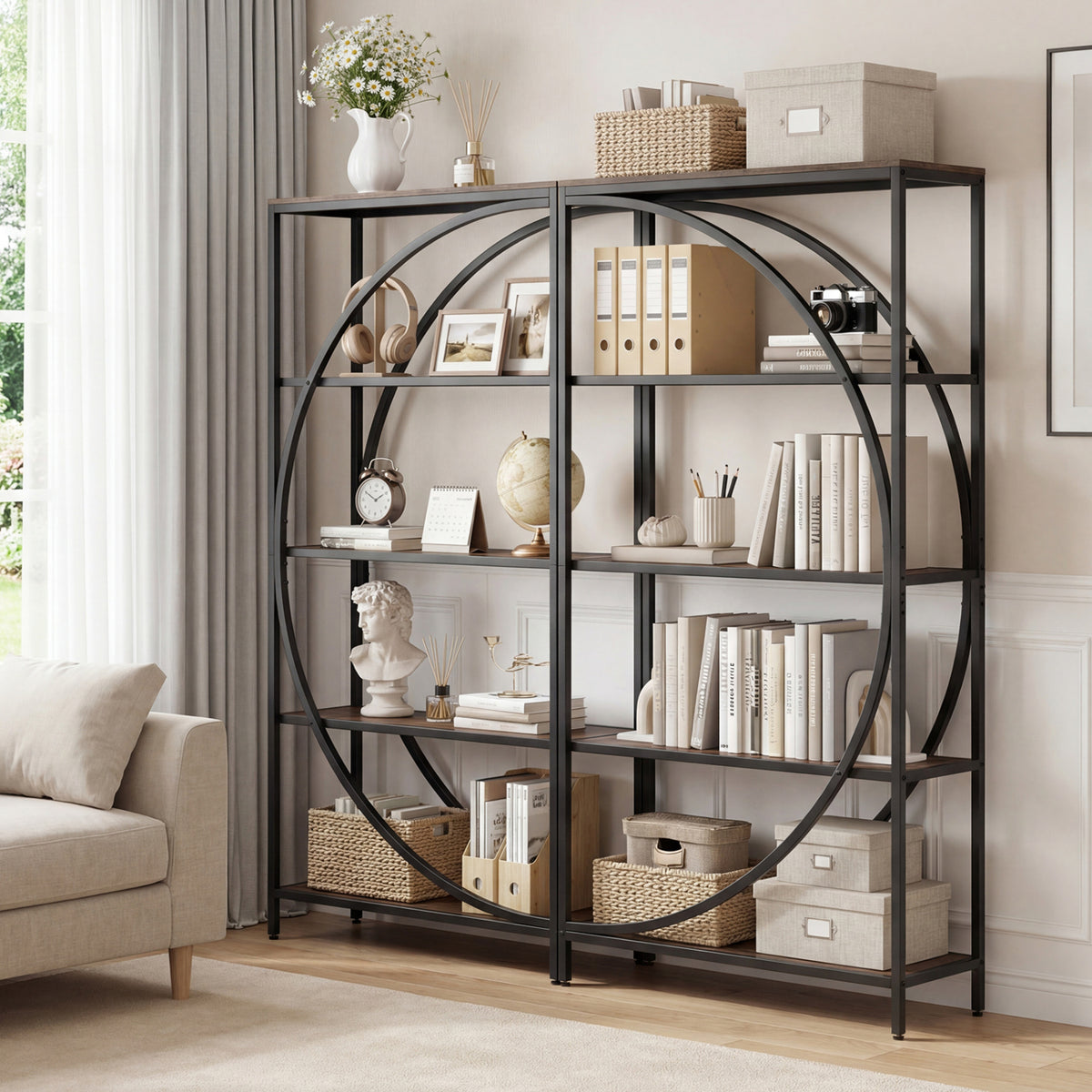 5-Tier Bookshelf with Half-Moon Shape for Living Room and Home Office-Rustic Brown